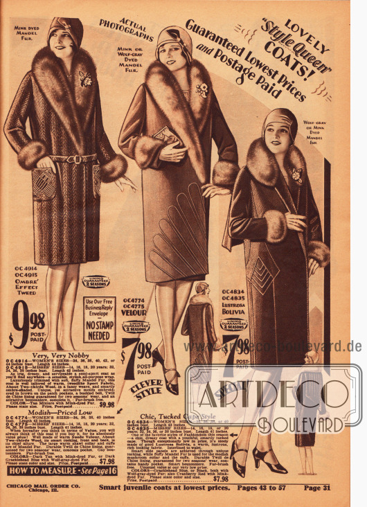 Warme Wintermäntel für Damen aus Woll-Tweed, Velours und leicht glänzendem Woll-Bolivia. Alle Mäntel sind mit chinesischem Schafspelz („mandel fur“) verbrämt. Leichte Stickereien, Biesen und Paspeln verzieren die Rockteile der Mäntel. Der rechte Mantel besitzt zudem ein langes Rückencape, das mit Biesen verziert wurde.