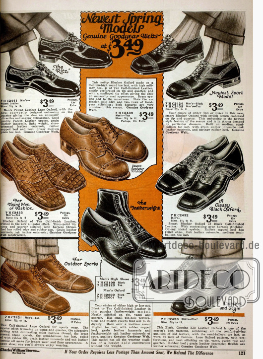 Doppelseite mit Oxford Herrenschuhen aus Kalbsleder und Lackleder mit Ziernähten und Zierperforationen.