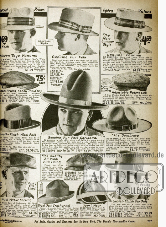 Doppelseite mit Hüten für Männer, wie z.B. Fedoras, Homburgs, Karlsbad Hüte, Panamas, Schiebermützen, ein Sombrero und ein Sport Visier. Die meisten Hüte sind mit Ripsbändern verschönert.