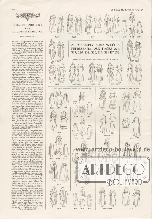 Artikel:
Comtesse Régine, Idées de parisienne par la Comtesse Régine.
Auf dieser Seite finden sich auch die Vorder- sowie die Rückansichten der Modelle der Seiten 224-226 und 228-232.