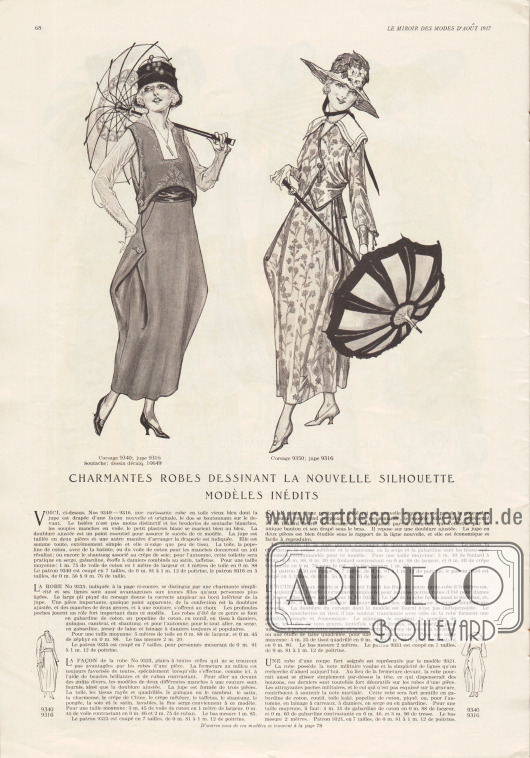 „Reizende Kleider zeichnen die neue Silhouette der ganz neuen Modelle nach“ (frz. „Charmantes robes dessinant la nouvelle silhouette modèles inédits“).
9340, 9316 & 10649: Kleidkombination in Altblau bestehend aus Bolero-Bluse und Rock. Die Ärmel der Bolero-Bluse sind aus Voile (Schleierstoff). Der Bolero, der mit Soutache-Stickerei nach dem Abplättmuster 10649 versehen ist, wird seitlich über einen großen Knopf geschlossen. Ein großer Knopf dient ebenfalls zur Befestigung der weit ausladenden Taschen des Tonnenrocks.
Für das Kleid werden die Stoffkombinationen von Leinen oder Baumwoll-Popeline wahlweise mit Batist, Baumwoll-Voile, Shantung oder Seiden Krepp empfohlen. Für ein Herbstmodell ist die Kombination von kariertem Serge oder Gabardine mit Satin oder Taft besonders geeignet.
9350 & 9316: Ausgefallenes Sommerkleid aus geblümtem Foulard bestehend aus Bluse und Rock. Das Kleid zeigt die neue Linie mit drapiertem Tonnenrock. Die jackenartige Bluse ist mit einer Einfassborte dekoriert und wird über einen Knopf mit Quaste geschlossen. Weißer überlappender Schulterkragen mit Hohlnähten.
Zum Schneidern des Kleides sind Satin, Charmeuse, Crêpe Meteor, Shantung oder Serge und Gabardine besonders geeignet.