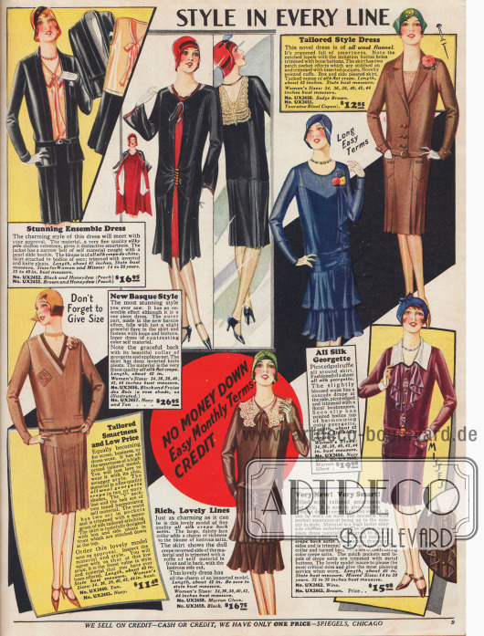 „Stil in jeder Linie“. Damenkleider aus seidenartigem Chiffon-Samt, Woll-Flanell, Seiden-Georgette, Seiden Krepp und Woll-Georgette Krepp der gehobenen Preiskategorie. Spitzenkragen, Kunstblüten an der Schulter, wasserfallartige Stoffanordnungen und unauffällige Raffungen sind kennzeichnend. Ein dreiteiliges Ensemble bestehend aus Bluse, Rock und hüftlanger Jacke sowie zwei Modelle, die wie geschneiderte Kostüme gearbeitet sind, werden hier angeboten.
Röcke mit eingearbeiteten Falten sind in der Überzahl. Zwei der Röcke sind zweistufig und fallen in runden Falten. Ein Kleid erzielt einen Ensemble-Effekt durch ein Überkleid, das wie ein Mantel getragen wird (oben Mitte).