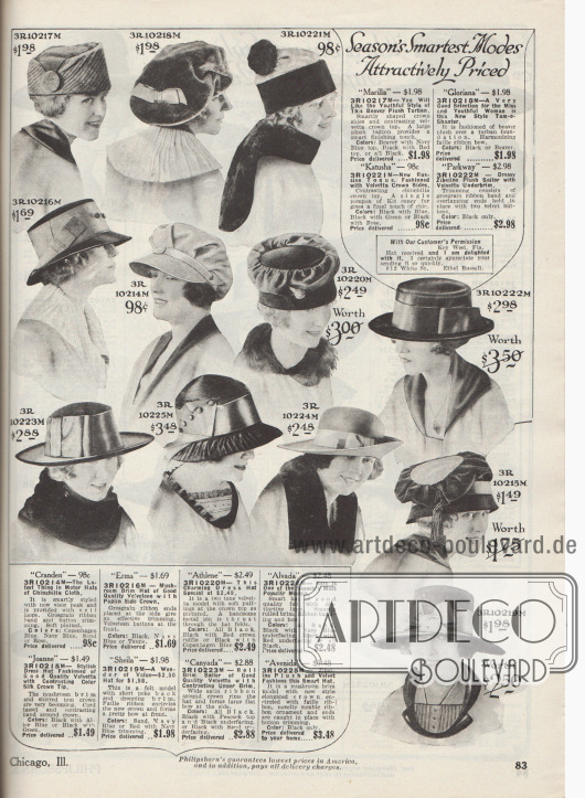 „Die pfiffigsten Hutmodelle der Saison zu attraktiven Preisen“ (engl. „Season’s Smartest Modes Attractively Priced“).
Einfache aber schick gearbeitete, günstige Damenhüte aus Biber-Plüsch, Valvetta (?) und Chinchilla, Samt und Popeline, Seide, Filz oder „Zibeline“-Plüsch.
Die Hüte sind dezent mit Ripsbändern, Schleifen, Zierknöpfen, gepufft drapiertem Stoff, Hutnadeln aus Metall, kleinen Pelzpompons aus Kaninchenfell oder Quasten aus Kordeln aufgearbeitet.
Unter den Modellen befinden sich relativ hohe zylindrische Hutköpfe mit kurzen Krempen (3R10216M, 3R10222M) oder auch Modelle mit breiteren und gebogenen Krempen (3R10224M, 3R10219M), drei Turbane (3R10217M, 3R10220M, 3R10215M), eine Schottenmütze (engl. „Tam-o-Shanter“, 3R10218M) oder auch eine Mütze für Automobilistinnen (3R10214M).