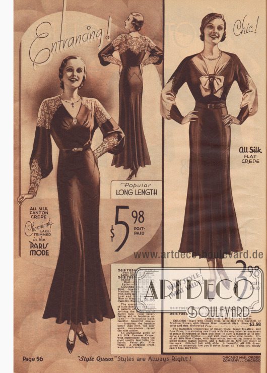 Doppelseite mit Kleidern von sportlich bis elegant. Ausgestellte Ärmel und auch Spitze (Kleid links) lassen die Mode der 1890er Jahre wieder aufleben.