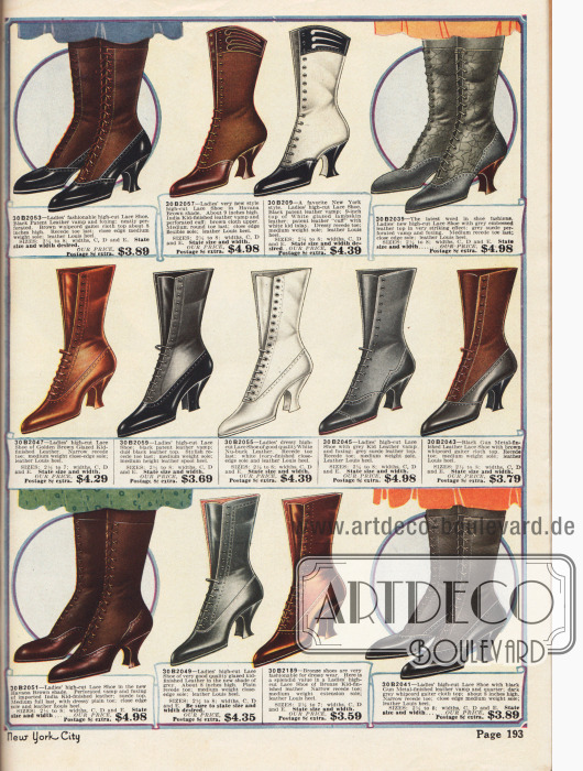 Kleidsame Damenstiefel zum Schnüren in Braun, Grau, Schwarz oder Weiß aus Lackledern, Chevreauleder (Ziegenleder) oder Lammleder.
Stiefel mit zwei kombinierten unterschiedlichen Ledersorten oder Stoffgeweben, mit stumpfem oder glänzendem Leder erzeugen besonders schöne Effekte. Das vierte Modell in der ersten Reihe oben zeigt eine geprägte Narbung im Leder. Die Schuhe zeigen geschweifte Louis XIV Absätze, spitze Schuhkappen sowie Perforationen und Ziernähte.