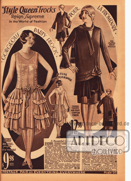 Seite mit einem ärmellosen Ball- und Tanzkleid aus Seiden-Georgette und Spitze sowie einem sehr eleganten Promenadenkleid aus Seiden Krepp, das mit Chiffon-Samt kombiniert wurde.
Das stilkleidartige Ballkleid zeigt einen mehrstufigen Volantrock und einen asymmetrischen Saum. Eine Blüte in der Front und lange Bänder im Rücken zieren das Kleid. Das Promenadenkleid rechts präsentiert einen angenähten Kragen, der in ein langes Schalende übergeht. Ein dunkler Volant fällt über den Rock.