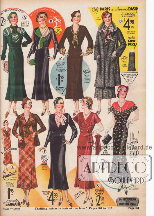 Damenkleider im Herbst 1932. Die aktuellen Modefarben sind der Jahreszeit angepasst: schwarz, braun, rot-braun und grau.