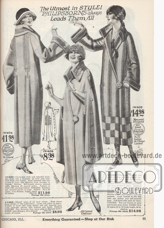 Doppelseite mit einer Jacke (1. Modell), einem Überwurf (5. Modell) und vier langen Mänteln für Damen. Die verwendeten Stoffe sind Woll-Polo Jacquette, Woll-Velours und Woll-Bolivia.
Die Mäntel sind teils mit kleinflächigen oder lang gezogenen Stickereien versehen. Große dekorative Knöpfe und Schlaufen sowie bei einem Modell ein Gürtel werden zum Verschließen genutzt.