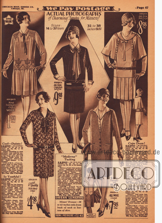 Schicke, kleidsame Tageskleider aus Chiffon-Schleierstoff, Seiden-Satin, Seiden Krepp, floral bedrucktem Seiden-Baumwoll-Krepp und Woll-Tweed für junge Damen (Backfische) von 14 bis 20 Jahren.
Das erste Kleid oben links ist mit Smokarbeiten, Reihenziehungen und Stickereien versehen. Das zweite Modell zeigt strahlenförmige Biesen, eine teilweise plissierte Rockfront und eine rote Schleife mit langen Bändern. Das dritte Capekleid ist mit Zierknöpfen, einem Gürtel aus Kunstleder und einer Bandschleife verschönt. Rock zeigt vorne Kellerfalten. Das vierte Kleid unten links präsentiert eine dunkle Bandschleifen- und Kragengarnitur sowie einen Rock mit Plisseeeinsatz. Das fünfte Modell ist ein dreiteiliges Sportkostüm, das ideal für Golf ist. Jacke und Rock sind aus Woll-Tweed, wobei letzterer plissiert ist. Die dazugehörige Seidenbluse ist kurzärmelig.