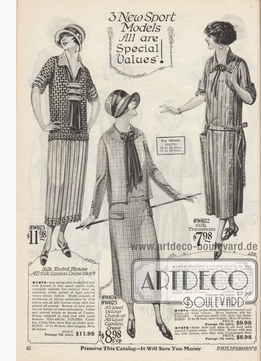 Doppelseite mit sieben Sportkleidern in gerader Silhouette aus Seiden Kanton Krepp, kariertem Woll-Velours, Seiden „Tricosham“, kariertem Woll-Velours, Woll-Jersey und Woll-Kanton Krepp.
Die recht schlicht gehaltenen Sportkleider zeigen entweder einen glatten, nur leicht Falten werfenden Rock oder tiefe, eingearbeitete Falten. Das letzte Kleid präsentiert dezente Stickereien.