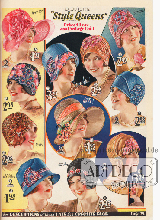 Farbige Seite mit Damenhüten aus Visca-Stroh und Seiden-Taft der Marke „Style Queen“.