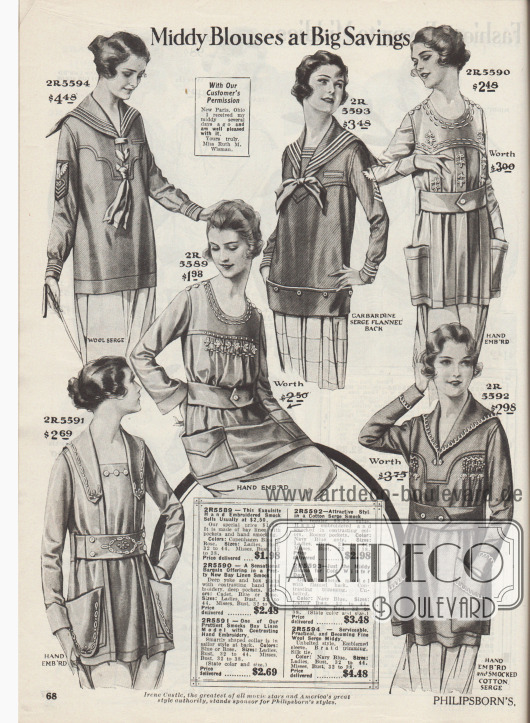 „Matrosenblusen zu großen Ersparnissen“ (engl. „Middy Blouses at Big Savings“).
Zwei Matrosenblusen oben links aus Woll-Serge oder Gabardine-Serge sowie vier Kasackblusen aus Leinen oder Baumwoll-Serge.
Die hüftlangen Matrosenblusen besitzen die typischen Marine-Stickereien, Kragen und gebundenen Halstücher mit Schleife. Die Kasacks zeigen reiche Stickereien, breite Stoffgürtel, sind teilweise mit Smokarbeit ausgestattet und präsentieren aufgesetzte, große Taschen.