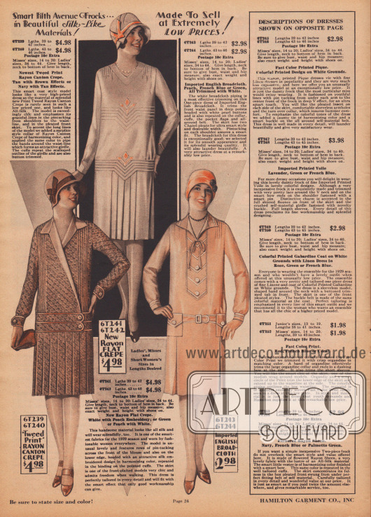 Drei einfache und günstige Damenkleider aus tweedartig bedrucktem Rayon Krepp, unifarbenem Rayon Krepp und importiertem, englischen Breitgewebe zu Preisen von 2,98 Dollar bis 4,98.
Die Röcke aller Modelle sind entweder ganz oder teilweise mit Kellerfalten versehen. Das Kleid unten links besitzt Biesen von den Schultern bis zur Gürtellinie. Die Bänder aus Kleidmaterial, die die Hüften umschließen, sind paspeliert. Auch das obige Kleid zeigt reiche, geometrische Biesengarnierung und dezente Motivstickerei. Neben Paspeln und Biesen ist das dritte Kleid auch mit einigen Zierknöpfen versehen.