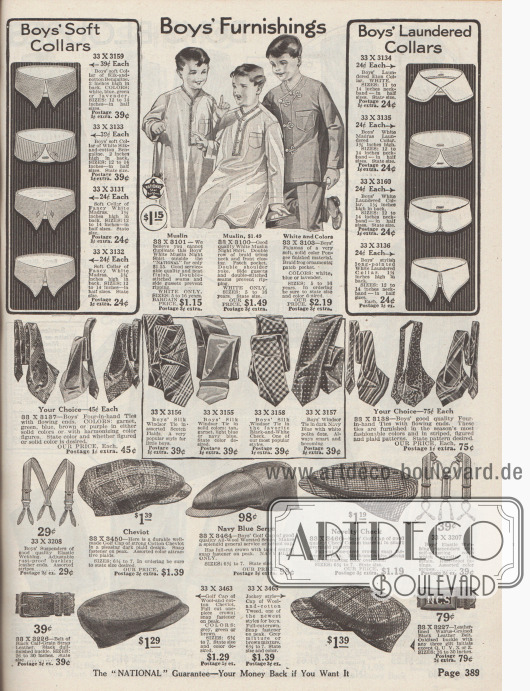Notwendige Accessoires für Jungen. Hemdkragen, Nachthemden, Krawatten, Gürtel, Hosenträger und Schiebermützen.