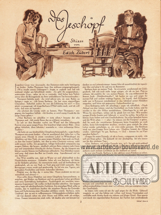 Artikel:
O. V., Das Geschöpf (mit einer Skizze von Edith Zübert).