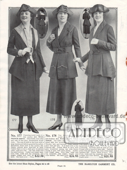 Kostüme für modebewusste Damen der gehobenen Preisklasse aus französischer Woll-Serge und „Poiret Twill“ Wollstoff, ähnlich Gabardine. Das erste Kostüm zeigt einen abnehmbaren Kragen und eine Weste aus hellem Breitgewebe. Die Jacke zeigt einen ungewöhnlichen Schnitt. Die zweite Kostümjacke zeigt Paspeln an Kragen und Taschen. Beim dritten Kostüm fällt sofort der beidseitig punktuell verlängerte Jackenschoß ins Auge.