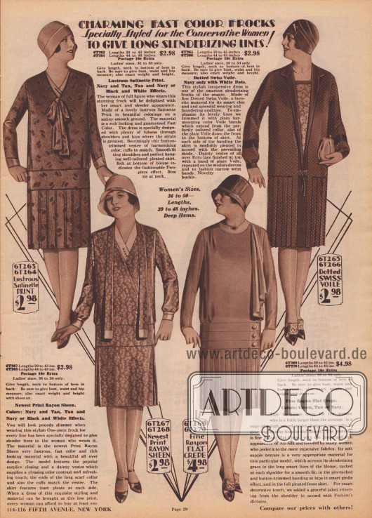Schlichte und preiswerte Tageskleider speziell für die vollschlanke Dame. Schimmerndes, satinartig bedrucktes Gewebe, bedrucktes Rayongewebe, Rayon Krepp und gepunkteter Schweizer Schleierstoff dienten zur Herstellung der Kleider.
Die Röcke der Kleider sind mit Faltengruppen, Plissees oder Quetschfalten versehen. Schleifen am Ausschnitt, Schals sowie Drapierungen aus dem Kleidmaterial oder ein Westeneinsatz aus Ecru Spitze sind die modischen Akzente der hier gezeigten Modelle.