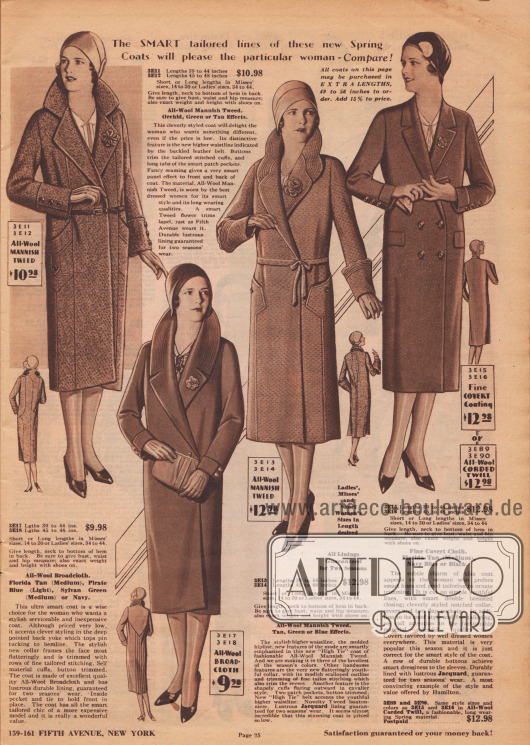 „Die eleganten, maßgeschneiderten Linien dieser neuen Frühjahrsmäntel werden die wählerische Frau erfreuen – Vergleichen Sie!“ (engl. „The Smart tailored lines of these new Spring Coats will please the particular woman – Compare!“).
Vier Damenmäntel aus herrenmäßigem Woll-Tweed, Woll-Breitgewebe oder wahlweise feinem, langlebigem Mantelstoff („Fine Covert Coating“) oder Woll-Kord.
Der erste Mantel präsentiert einen hohen, eingekerbten Stehkragen mit Stoff-Kleeblatt im Revers, dezent eingelassenen Taschen, Steppnähte sowie Knopfgarnitur. Ein schmaler Ledergürtel markiert die neue Gürtellinie in natürlicher Taillenhöhe. Der zweite Mantel besitzt eine spitz zulaufende Schulterpasse im Rücken von der aus Haarbiesen bis zum Mantelsaum geführt sind. Das Gesicht umrahmt ein runder Stehkragen mit harmonierender Stepperei und Ansteckblüte. Seitlicher Knopfschluss.
Einen fast schon blütenartig gebogten Stehkragen mit harmonierender Stepperei präsentiert das dritte Modell. Der Mantel besitzt breite Manschetten („cavalier style“) mit Bogenabschluss sowie eine Ansteckblüte aus Tweed. Interessant aufgesetzte Beuteltaschen. Jacquard dient als Mantelfutter. Abgesehen von den Taschenpatten zeigt der doppelreihige vierte Mantel einen unauffällig glatten Schnitt. Der schmale eingekerbte Kragen wird von einer Blüte geziert.