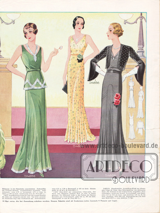 4853: Abendkleid aus Crêpe de Chine mit grauen Blenden, die dicht mit Stiftperlen benäht sind.
4854: Abendkleid aus gemustertem Crêpe Satin. Der durch eine Hüftpasse ergänzte Rock ist vorn in Falten geordnet. Der Blütentuff wirkt in den Farben des Musters besonders gut.
4855/56: Abendcomplet: Ärmelloses Kleid aus schwarzem Crêpe de Chine, dazu ein Bolerojäckchen aus schwarzem Samt. Die Stickerei ist mit weißen Perlen ausgeführt. Dreiviertellange, geschlitzte Ärmel.