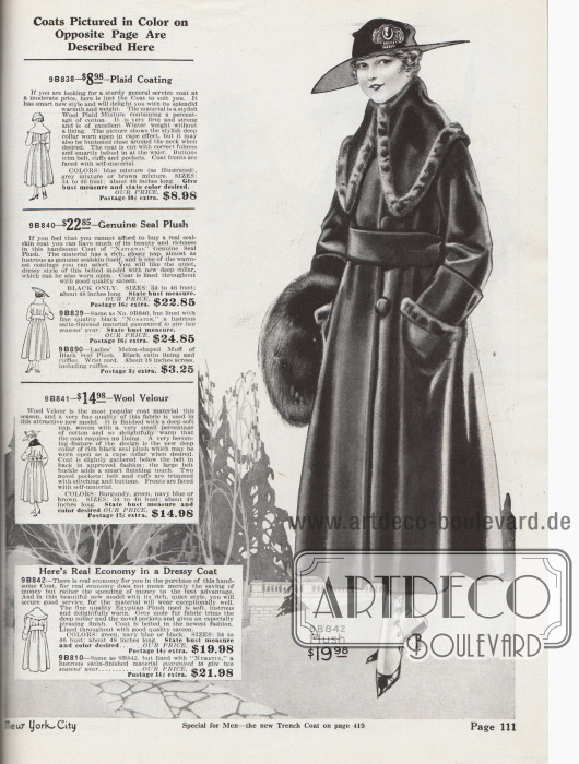 Warmer Wintermantel aus ägyptischem Plüsch in ruhiger Fasson mit imitiertem Maulwurfsfell als Kragen- und Taschenberandung. Der Mantel ist durchgehend mit Satin gefüttert und zum Preis von 19,98 Dollar erhältlich.
Links befinden sich die Erläuterungen für die Modelle auf der vorangegangenen Farbseite 110.