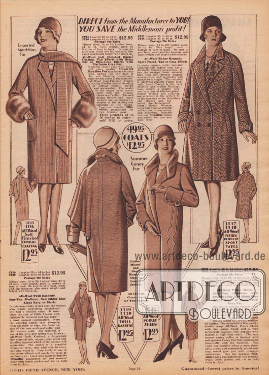 Damenmäntel für die Frühjahrssaison 1929 aus „Ombré Coating“ (Wollstoff in verschiedenen Farbtönen), Woll-Kasha, Woll-Poiret Gewebe und Woll-Sporttweed. Zwei Mäntel sind mit Mufflonfell (Wildschaf) und Kaninchenfell verbrämt. Die Modelle sind für je 12,95 Dollar bestellbar.
Der Mantel oben links besitzt aufgesetzte Taschen und einen Schal aus dem gleichen Mantelmaterial. Der Mantel unten links zeigt ein einseitiges Cape und eine Schleife unter dem aufgestellten Kragen. Ärmelmanschetten und Biesen in bogiger Ausformung sind am dritten Modell zu finden. Oben rechts ein doppelreihiger Sportmantel.