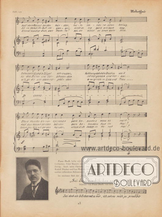 Musikbeilage der Modenschau mit dem Lied „Frühlingsmahnung“ und den dazugehörigen Noten vom Komponisten Franz Doelle (1883-1965) und den Liedzeilen von Elisabeth Doelle.
Unten auf der Seite ein Abriss des bisherigen Werkes von Franz Doelle und einem Foto von ihm.
Foto: unbekannt.