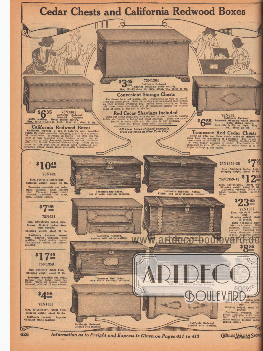 „Bettkästen aus Zedernholz und Truhen aus kalifornischem Rotholz“ (engl. „Cedar Chests and California Redwood Boxes“).
Betttruhen für das Schlafzimmer zum Verstauen von Bettwäsche oder Kleidung aus kalifornischen Rothölzern oder Zedernholz aus Tennessee. Die Truhen konnten an das Ende der Betten oder vor ein Fenster gestellt werden, da die Truhen eine ideale Sitzhöhe hatten. Unter den Betttruhen war aus unterschiedlichen Maserungen, Aufmachungen und Stilen wählbar.