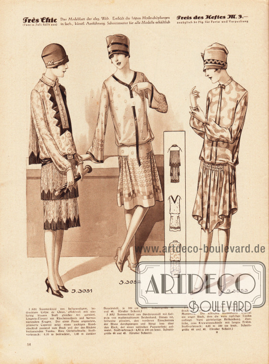 3051: Sommerkleid aus hellgrundigem, bedrucktem Crêpe de Chine, effektvoll mit einfarbig blauem Stoff gleicher Art garniert. Lingerie-Einsatz mit Rüschenaufputz und harmonierendem Kragen. Der einer Passe angesetzte, plissierte Capeteil zeigt einen zackigen Randabschluss passend zum Rock und der den Rücken freilassenden Tunika. Rote Gürtelschnalle.
3052: Sommerkleid aus Bordürenstoff mit Aufputz von madonnablauem Seidenband. Dieses ist, teilweise plissiert, den vorderen Einschnitten der Bluse durchgezogen und hängt lose über den Rock, der einen seitlichen Passeneffekt aufweist.
3053: Sommerliches Nachmittagskleid aus bedrucktem Crêpe de Chine in schwarz-weißer Musterung. Die schlichte Blusentaille ergänzt ein enger Rock, dem die vorn zipfelige Tunika aufliegt. Vorn gürtelartige Reihenziehung. Zierliche, rosa Krawattenschleife mit langen Enden.