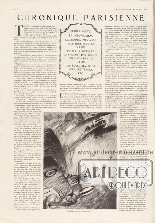 Artikel:
De M., G., Chronique Parisienne (petites vérités, la dépopulation, les femmes anglaises, leur rôle dans la guerre, pour les aveugles, le vestiaire des enfants éprouvés par la guerre, une école technique pour les femmes, etc.).
Die Zeichnung zum Artikel besitzt die Bildunterschrift „La bataille au-dessus des tranchées“.
Zeichnung/Illustration: unbekannt.