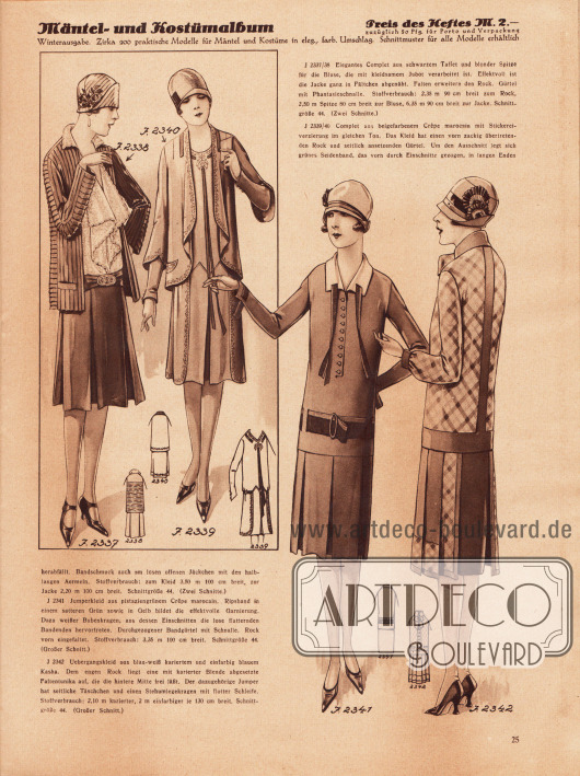 2337/38: Elegantes Complet aus schwarzem Taffet und blonder Spitze für die Bluse, die mit kleidsamem Jabot verarbeitet ist. Effektvoll ist die Jacke ganz in Fältchen abgenäht. Falten erweitern den Rock. Gürtel mit Phantasieschnalle.
2339/40: Complet aus beigefarbenem Crêpe Marocain mit Stickereiverzierung im gleichen Ton. Das Kleid hat einen vorn zackig übertretenden Rock und seitlich ansetzenden Gürtel. Um den Ausschnitt legt sich grünes Seidenband, das vorn durch Einschnitte gezogen, in langen Enden herabfällt. Bandschmuck auch am losen offenen Jäckchen mit den halblangen Ärmeln.
2341: Jumperkleid aus pistaziengrünem Crêpe Marocain. Ripsband in einem satten Grün sowie in Gelb bildet die effektvolle Garnierung. Dazu weißer Bubenkragen, aus dessen Einschnitten die lose flatternden Bandenden hervortreten. Durchgezogener Bandgürtel mit Schnalle. Rock vorn eingefaltet.
2342: Übergangskleid aus blau-weiß kariertem und einfarbig blauem Kasha. Dem engen Rock liegt eine mit karierter Blende abgesetzte Faltentunika auf, die die hintere Mitte frei läßt. Der dazugehörige Jumper hat seitliche Täschchen und einen Stehumlegekragen mit flotter Schleife.