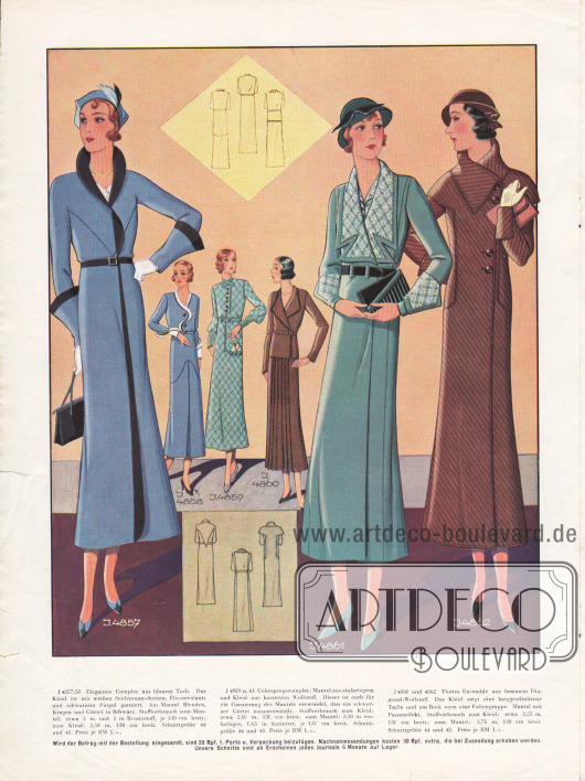 4857/58: Elegantes Complet aus blauem Tuch. Das Kleid ist mit weißen Seidenmanschetten, Plisseevolants und schwarzem Paspel garniert. Am Mantel Blenden, Kragen und Gürtel in Schwarz.
4859/61: Übergangscomplet: Mantel aus einfarbigem und Kleid aus kariertem Wollstoff. Dieser ist auch für die Garnierung des Mantels verwendet, den ein schwarzer Gürtel zusammenhält.
4860/62: Ensemble aus braunem Diagonal-Wollstoff. Das Kleid zeigt eine lang geschnittene Taille und am Rock vorn eine Faltengruppe. Mantel mit Passeneffekt.