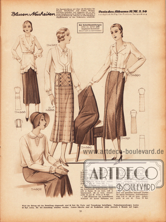 4386: Elegante Kasak aus modefarbenem Crêpe Satin, reich mit Glockenvolants verarbeitet. Dazu brauner Wollstoffrock mit vorderer Faltengruppe.
4387/88: Bluse aus hellem Batist mit hübscher Biesengarnierung. Rock aus Schottenstoff.
4389: Blusenrock aus dunkelblauem Wollstoff mit kurzer Hüftpasse und seitlicher Biesengruppe.
4390/91: Bluse aus Honanseide, mit Passenteilung und Blenden verarbeitet. Für den Rock ist diagonal gewebter Tweed verwendet.
4392: Elegante Bluse aus rosa Crêpe Georgette. Reiche Biesenstepperei und gezacktes Spitzchen ergeben die aparte Garnierung.