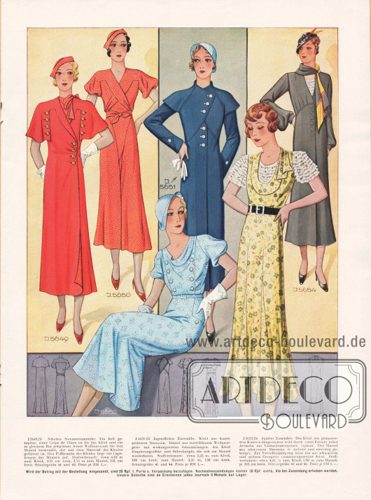 5649/50: Schickes Sommerensemble: Ein hell getupfter, roter Crêpe de Chine ist für das Kleid und ein in gleichem Rot gehaltener feiner Wollmarocain für den Mantel verwendet, der mit dem Material des Kleides gefüttert ist. Den Puffärmeln des Kleides liegt der Capekragen des Mantels auf.
5651/52: Jugendliches Ensemble: Kleid aus kunstseidenem Marocain, Mantel aus mittelblauem Wollgeorgette mit wirkungsvollen Schnitteilungen. Am Kleid Drapierungseffekt und Silberknöpfe, die sich am Mantel wiederholen.
5653/54: Apartes Ensemble: Das Kleid aus gemustertem Kunstseidengeorgette wird durch einen Einsatz nebst Ärmeln aus Valenciennesspitzen ergänzt. Der Mantel aus schwarzem Marocain ist tailliert und einreihig geknöpft. Zur Vervollständigung dient ein aus schwarzem und gelbem Georgette zusammengesetzter Schal.