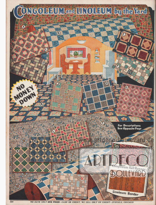 „Congoleum und Linoleum by the Yard“, also per Yard bestellbar („Meterware“). Insgesamt sind 19 verschiedene Muster auswählbar. Die angebotenen Breiten reichen von 24 in bis 12 ft (also 60,96 bis 365,76 cm).