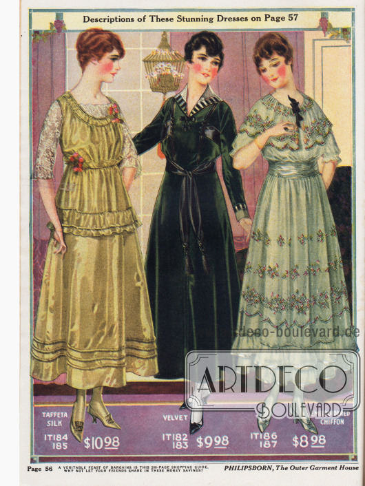 Krinolinenkleider aus Seiden-Taft, Samt und besticktem Chiffon.
Die Ärmel und die Brustpatie des ersten Kleides sind aus Spitze hergestellt, Taille und Brust sind mit angesteckten Blumen verziert. Die Enden des Taillenbandes des zweiten Kleides fallen wie zwei Schleppen in den Schoß und enden in zwei Quasten.
Die Unschärfe des Druckes resultiert aus den nicht genau übereinanderliegenden Farbschichten - ein häufig anzutreffendes Problem in der Frühzeit der Farbdruckerei.