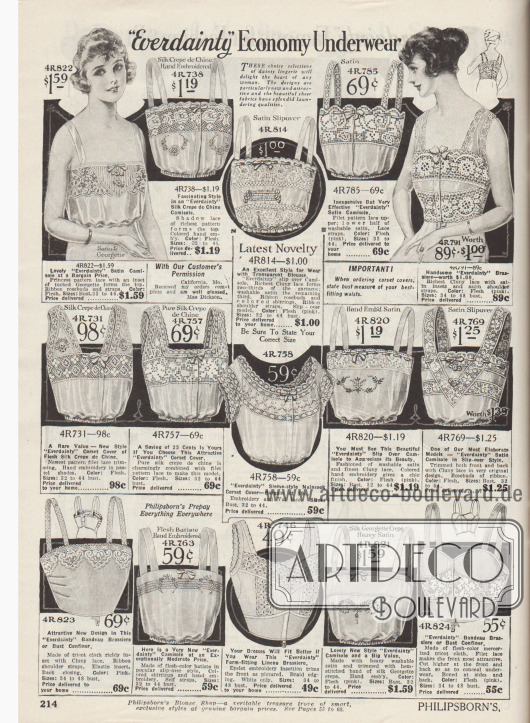 „Günstige Unterwäsche der Marke ‚Everdainty‘“ (engl. „‚Everdainty‘ Economy Underwear“).
Damenunterwäsche. Damenuntertaillen (engl. „corset covers“ oder „camisoles“), die oberhalb des Korsetts getragen wurden, um die feine Kleidung vor Beschädigungen durch durchstechende Metalldrähte des Korsetts zu schützen. Ganz unten rechts und links befinden sich „Bandeau Brassieres“, die hier auch als „Bust Confiners“ (dt. Büstenhalter) bezeichnet werden.
Die Untertaillen sind aus Satin und Georgette, Seiden-Crêpe de Chine, Cluny Spitze, Nainsook (leichter Baumwollmusselin), Waschsatin, Batist, Leinen oder merzerisiertem Trikot-Gewebe. Mehrere Modelle besitzen ein Taillenband mit Gummizug sowie eine Frontöffnung.