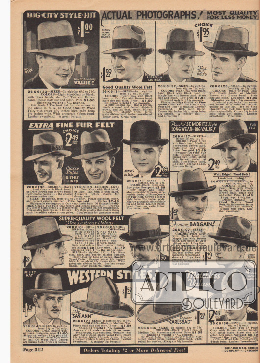 Fedora und Homburg Hüte, eine Melone und Western-Hüte.