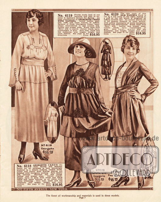 Vornehme Tunikakleider aus Georgette Krepp, Georgette Krepp und Taft sowie Seiden-Taft für jeweils 16,95 Dollar. Zurückhaltende Perlstickereien (erstes Modell) und Seidenstickereien (zweites Modell) vermitteln vornehme Eleganz.