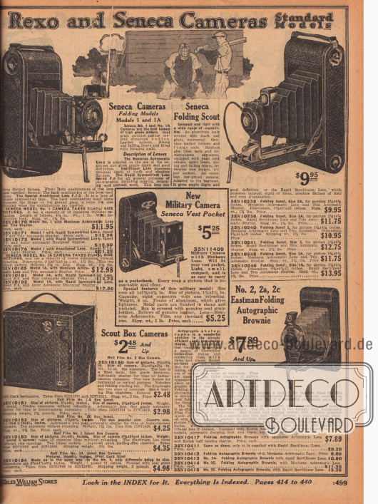 „Rexo und Seneca Fotoapparate – Standard Modelle“ (engl. „Rexo and Seneca Cameras – Standard Models“).
Rollfilm-Fotokameras der günstigen Variante (Einstiegsmodelle) zum manuellen Ausklappen und Einstellen der Linse. Links unten befindet sich eine Scout Box Kamera, die an den Eastman Kodak Apparat auf der gegenüberliegenden Seite 498 angelehnt ist. In der Mitte eine neuartige Militärkamera für die Westentasche.
Im Angebot sind Fotokameras der Modelle Seneca Modell 1, 1A (links oben), 2A, 3 und 3A (oben rechts) sowie der Eastman Faltapparat No. 2, 2a und 2c.
