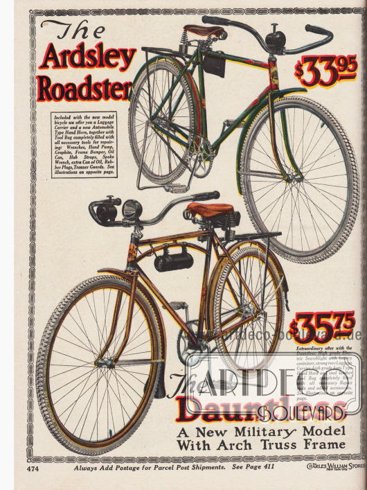 Zwei Herrenfahrräder mit den Modellbezeichnungen „Ardsley Roadster“ für 33,95 Dollar und „Dauntless“ für 35,75 Dollar. Die vollständigen Beschreibungen sind auf der gegenüberliegenden Seite 475 zur finden.