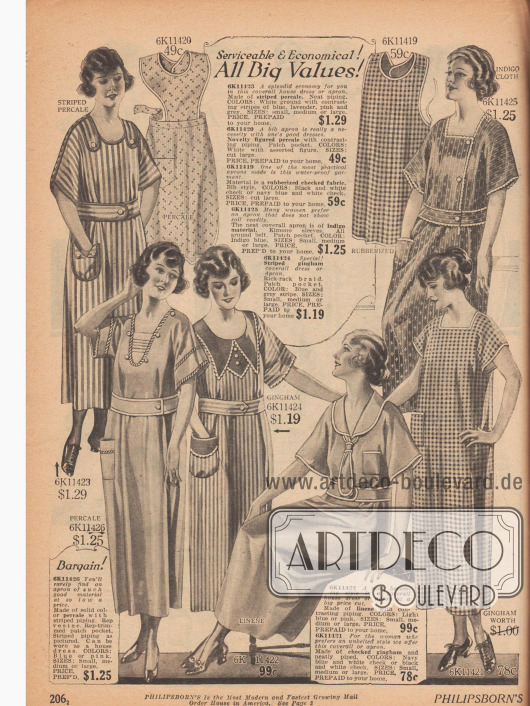 Kurzärmelige Haushaltskleider mit obligat aufgenähten Taschen (sog. „porch dresses“) und Schürzen für die alltägliche Hausarbeit aus gestreiften, karierten oder bedruckten Stoffen wie Perkal, Baumwolle, Leinen oder Gingham. Nur ein Kleid ohne Taillengürtel.