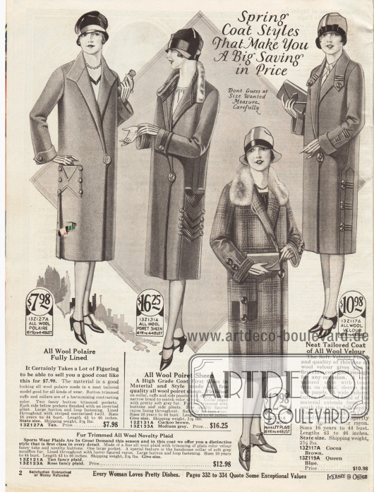 „Frühjahrsmäntel die Ihnen eine große Ersparnis ermöglichen“ (engl. „Spring Coat Styles That Make You A Big Saving in Price“).
Drei Damenmäntel und ein Sportmantel (drittes Modell) aus „wool polaire“, Poiret Wolle, groß kariertem Wollstoff oder Woll-Velours. Der Sportmantel ist überdies mit Mufflonfell (Wildschaf) verbrämt und das zweite Modell mit grauem nicht näher definiertem grauen Pelz.
Alle Mäntel werden mittels eines großen Knopfes seitlich geschlossen. Seitliche Paneele aus Stickereien oder Tressen sowie aufgesetzte Taschen geben den Mänteln das besondere Etwas.