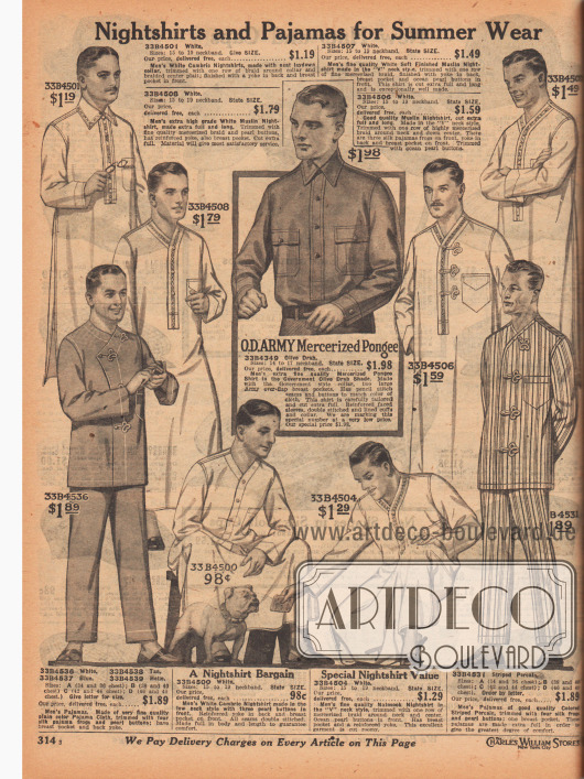 „Nachthemden und Pyjamas für den Sommer“ (engl. „Nightshirts and Pajamas for Summer Wear“).
Die Nachthemden sind aus weißem Chambray, Musselin oder Nainsook (leichter Baumwollmusselin) und besitzen eine Knopfleiste in der Front, die bis zum Bauch reicht. Die zweiteiligen Pyjamas sind aus einfarbigem „Pajama Cloth“ (?) oder gestreiftem Perkal. Ein Nachthemd und zwei Pyjamas mit Posamentenverschluss (hier engl. „silk frogs“).
Im Zentrum der Seite ein Armeehemd aus olivgrünem, merzerisiertem Pongee (Seide).