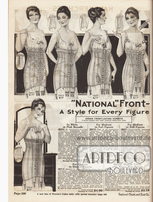 „‚Nationals’ Frontschnür-Korsetts. Ein Modell für jede Figur. Ein Preis für jeden Geldbeutel” (engl. “’National’ Front-Lacing Corsets. A Style for Every Figure. A Price for Every Purse”).
Die fünf hier gezeigten Korsetts sind aus elastischen Geweben und Coutil (robuster, dichtgewebter Baumwollstoff) hergestellt. Das Innenleben der Korsetts besteht aus rostfreien Aluminiumdrähten. Die Modelle werden mit den gezeigten Stumpfbandhaltern geliefert. Spitzenborte ziert die oberen Ränder der Korsetts.