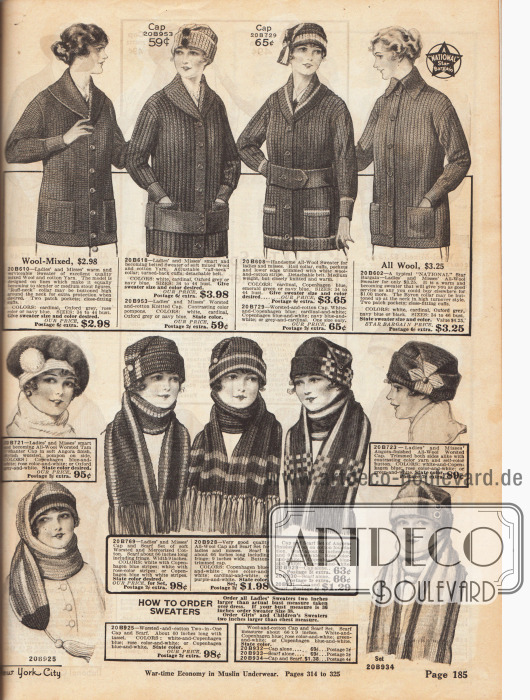 Strickjacken (Cardigans), Strickmützen und Schals aus Wolle und Baumwollgarnen sowie Angorawolle.
Unten links in der Mitte befindet sich eine gestrickte Mütze in der Optik einer Schottenmütze (engl. „Tam-O'Shanter“). Genau darunter findet sich zudem ein einteiliger Mützenschal mit Quaste.