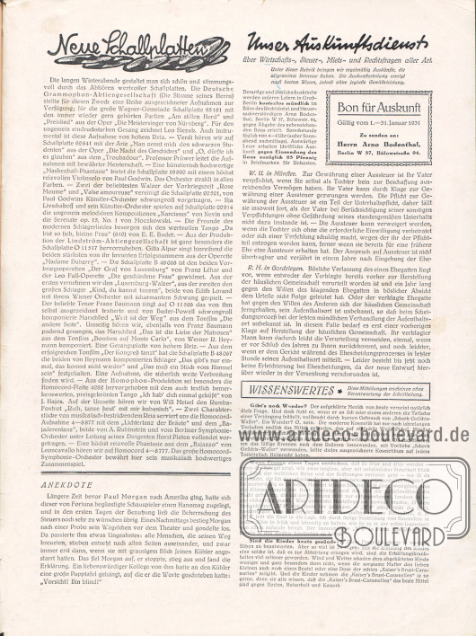 Artikel:
O. V., Neue Schallplatten;
O. V., Anekdote;
O. V., Unser Auskunftsdienst über Wirtschafts-, Steuer-, Miets- und Rechtsfragen aller Art;
O. V., Wissenswertes.