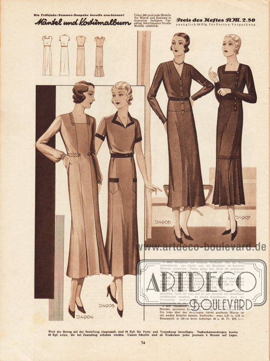4904: Hauskleid aus leichtem Wollstoff. Für die Ausschnittblende, den Gürtel und die Bündchen ist kariertes Material verwendet.
4905: Hauskleid aus Leinen. Die Falten des Rockes enden an den aufgearbeiteten Taschen. Blenden und Gürtel aus abstechendem Material.
4906: Hauskleid aus Diagonal-Wollstoff. Die lang geschnittene Taille ist vorn und an den Ärmeln mit einfarbigen Stoffblenden versehen. An diesen Knopfbesatz. Rock mit Vorderfalte.
4907: Hauskleid aus kleinkariertem Wollstoff. Einfarbige Blenden garnieren Ausschnitt, Ärmelrand und Faltenansatz. Die links über den einfarbigen Gürtel greifende Blende ist mit weißen Knöpfen besetzt.