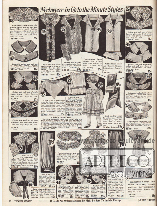 „Weißwaren und Garnituren in der neuesten Mode“ (engl. „Neckwear in Up to the Minute Styles“).
Weißwaren-Sets bestehend aus Kragen, Kragen mit angenähten Westen oder Jabots sowie Ärmelaufschlägen zum Annähen an selbstgefertigte Kleider. Die Garnituren bestehen aus plissierten Netzstoffen, Spitzenstoffen, importierter venezianischer Spitze, Leinen oder Bengaline. Einzelne Modelle sind aus steifem Stoff, mit Schleifen versehen oder bestickt.
Zudem werden auch ein Unterhemdchen für Kleinkinder, ein Spitzenkleidchen für 1 bis 4-jährige Mädchen, eine Krawatte aus Seiden Crêpe de Chine, annähbare Kleiderärmel und Boudoir Hauben aus Spitzengeweben für Damen angeboten.