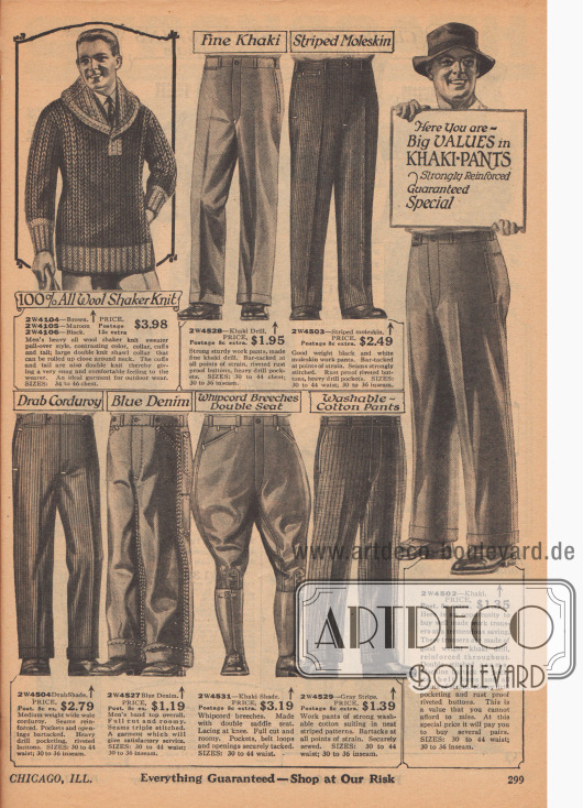 Doppelseite mit Anzug-, Arbeits- und Sporthosen sowie einer Strickjacke und einem Strickpullover aus Wolle für Männer. Die Hosen bestehen aus Baumwollstoffen, Kord, Englischleder, Jeansstoff und Khaki. Die Reithosen bestehen aus Khaki oder Kord.