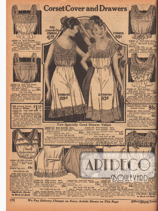 „Damenuntertaillen und Schlupfhöschen“ (engl. „Corset Cover and Drawers“).
Die Damenunterwäsche ist aus Nainsook (leichter Baumwollmusselin), Baumwoll-Krepp, Batist oder Seiden-Crêpe de Chine hergestellt. Die Untertaillen besitzen Träger und sind mit Zugbändern an der Taille sowie mit Schleifchen am Ausschnitt ausgestattet. Spitze und Stickereien sind obligatorisch. Die Schlupfhöschen sind kurz oder lang und zeigen rockweites Beinkleid. Die Säume der Höschen sind mit Rüschen, Volants und Spitze versehen.